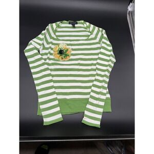 Context Womens XS Green White Striped Sequin Flower Long Sleeve Scoop Neck Top